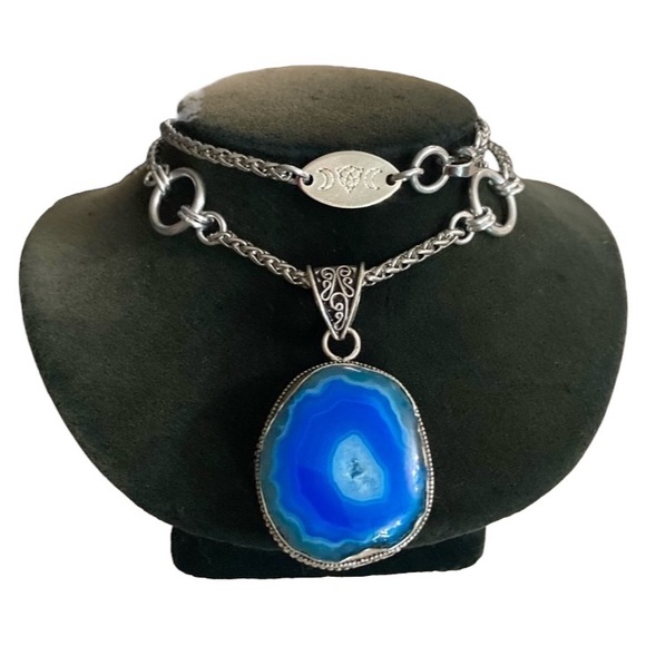925 sterling silver overlay blue agate slice gemstone charm boho necklace . - Picture 2 of 13